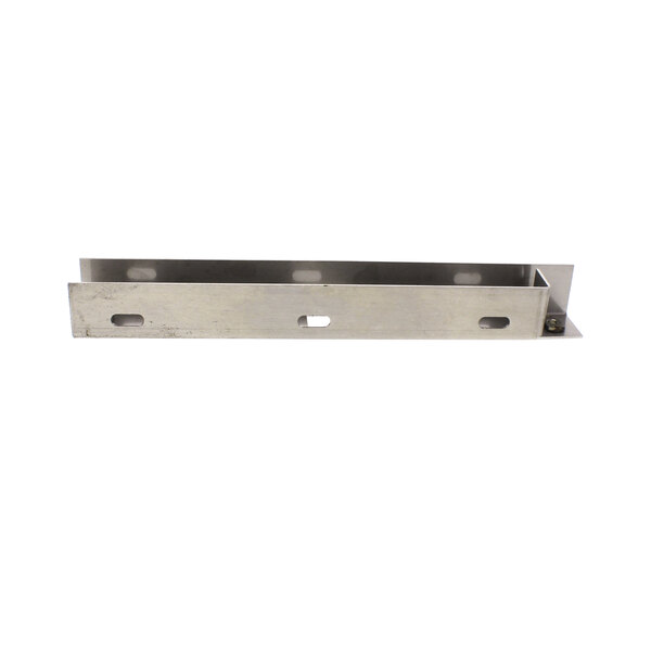 A stainless steel Vulcan door latch bracket with two holes.