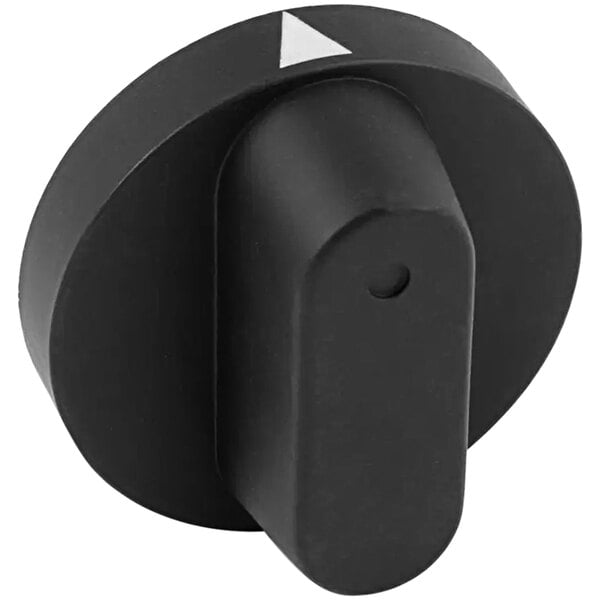 A close-up of a black Bakers Pride knob with a white arrow on it.