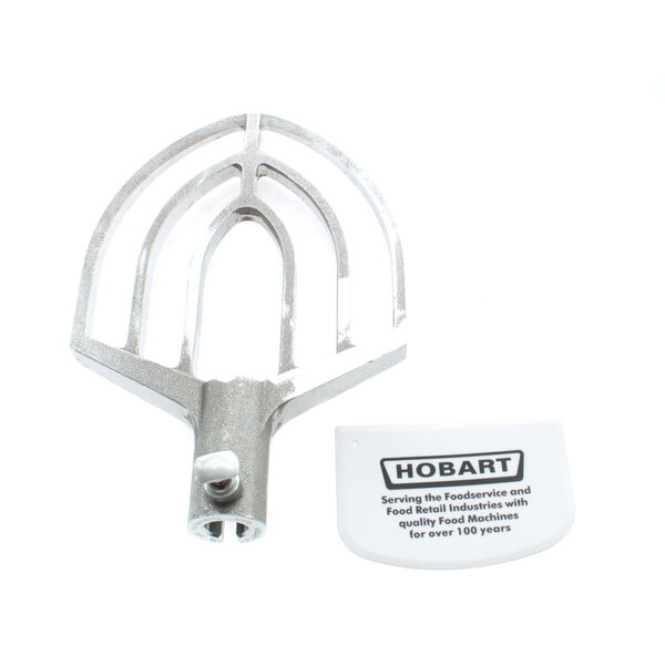 A metal Hobart 20 qt batter beater with a white label.