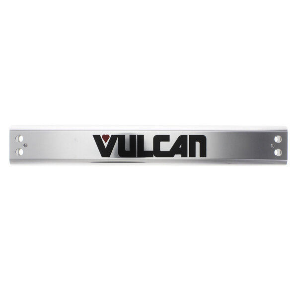 A Vulcan stainless steel handle with black text.
