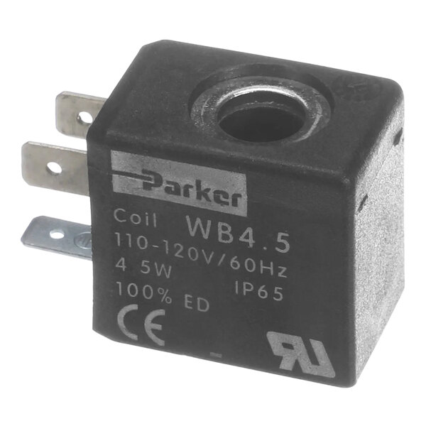 A black square Grindmaster-Cecilware solenoid valve with a hole in it.