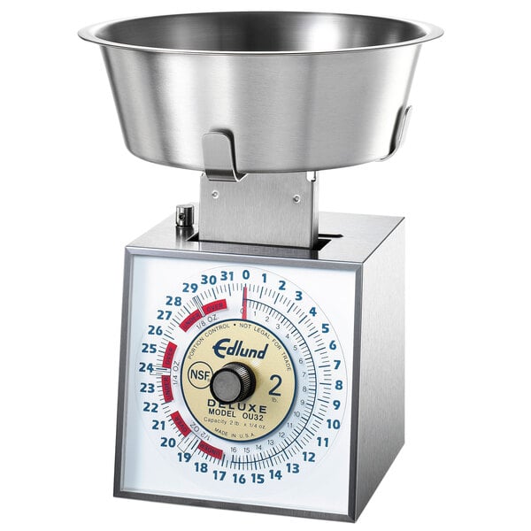 An Edlund stainless steel portion scale with a silver bowl.