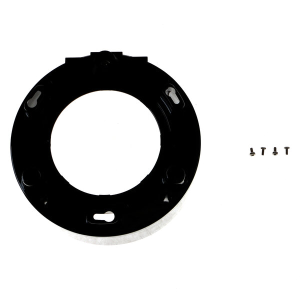 A black circular base with holes for screws.