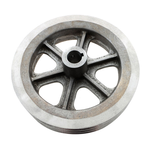 A metal pulley wheel with spokes and a hole in it.