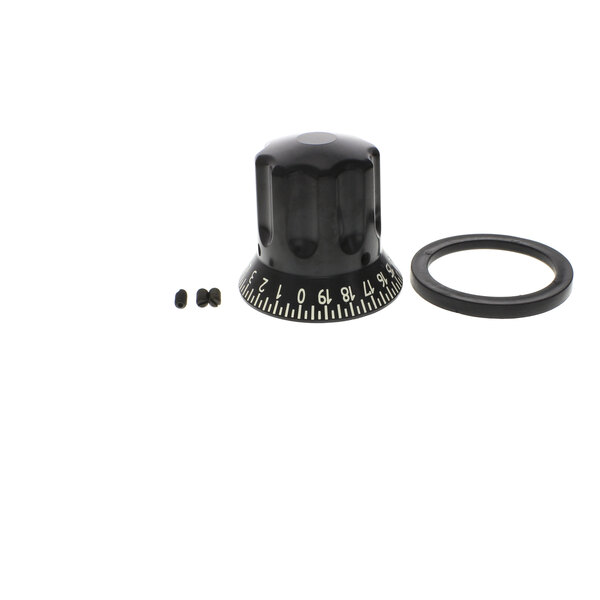 A black Globe gauge plate index knob with a black ring and a screw.