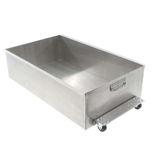 A stainless steel Henny Penny drain pan assembly with wheels.