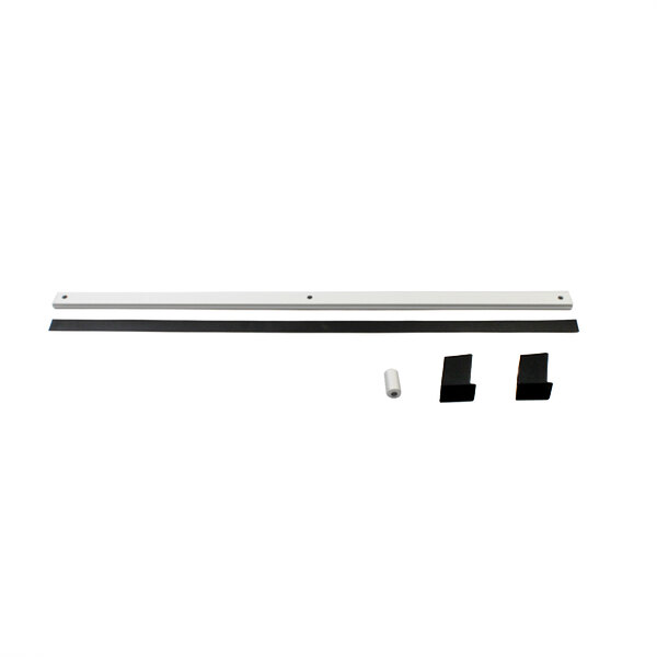 A white rectangular metal push handle with black corners.
