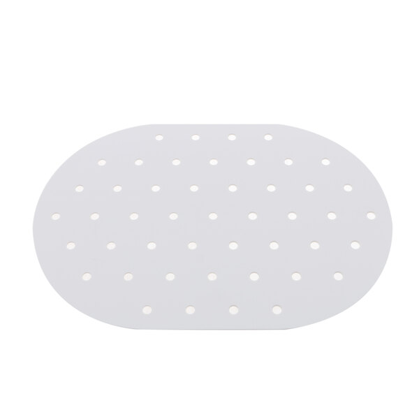A white oval shaped plate with holes in it.