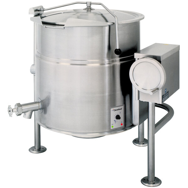 A Cleveland stainless steel 40 gallon steam kettle with a lid.