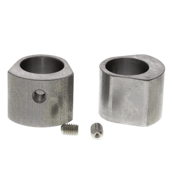 A pair of metal Alto-Shaam door space parts with screws.