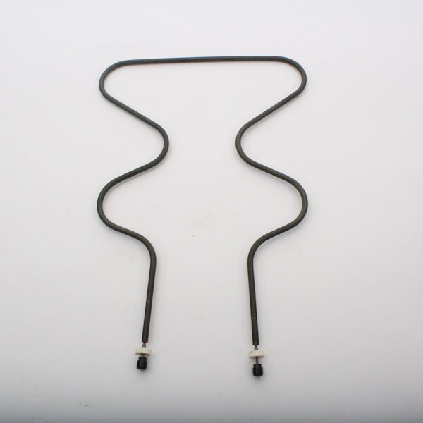 A pair of black wires connected to a wire with a couple of holes on a white background.