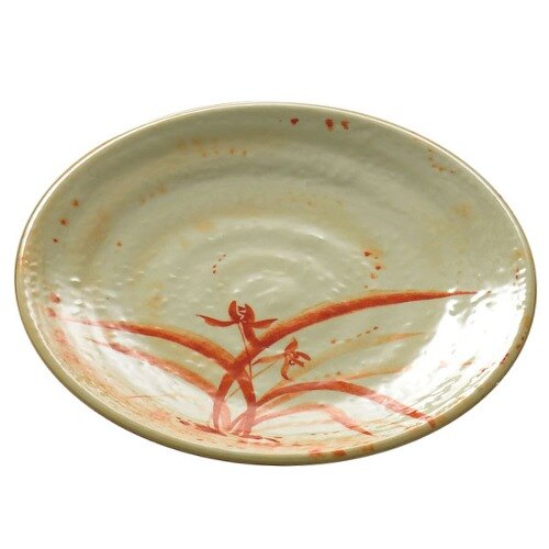 A white melamine plate with an orange flower design.