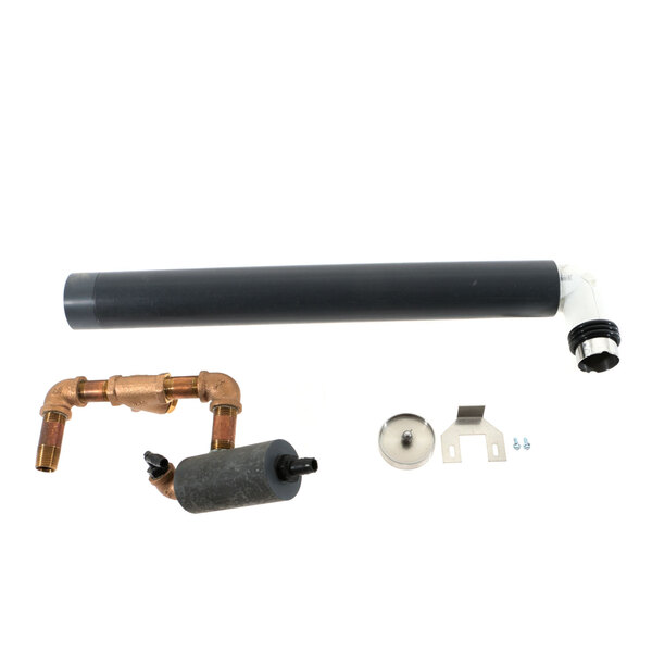 A black rectangular object with a black pipe, copper pipes, and a black cylinder inside.