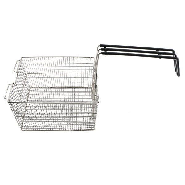 A Henny Penny wire fry basket with black handles.