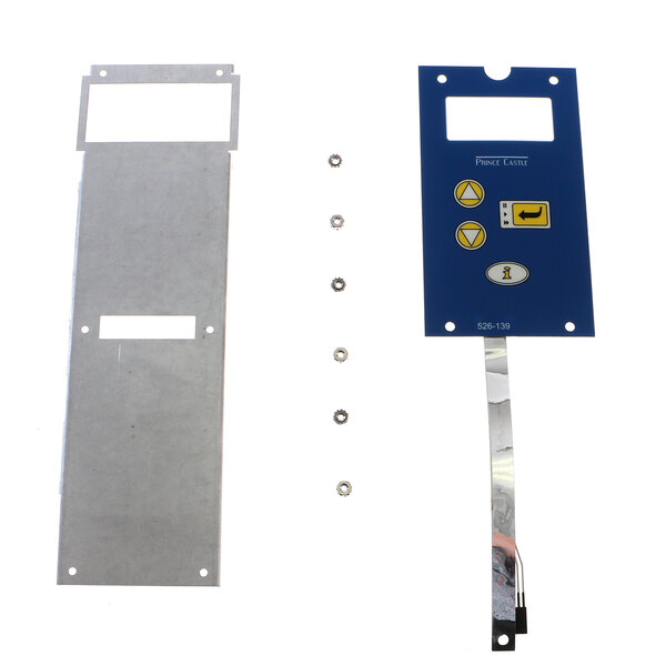 A blue rectangular Prince Castle membrane switch with screws.
