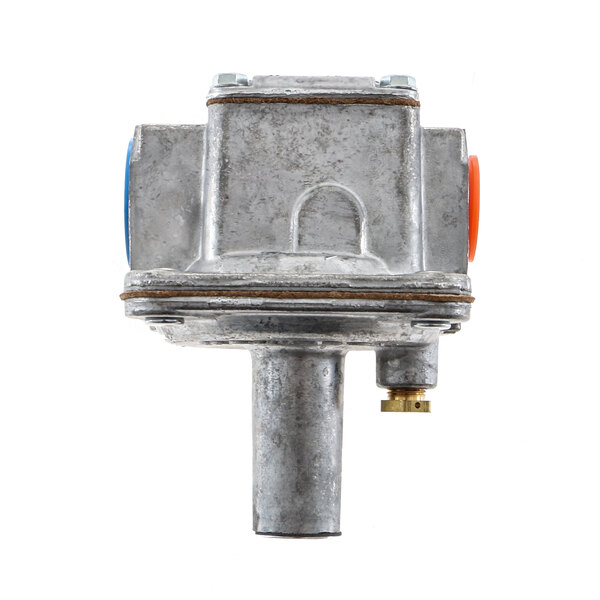 A metal Vulcan pressure regulator with red and blue circles and an orange and blue handle.