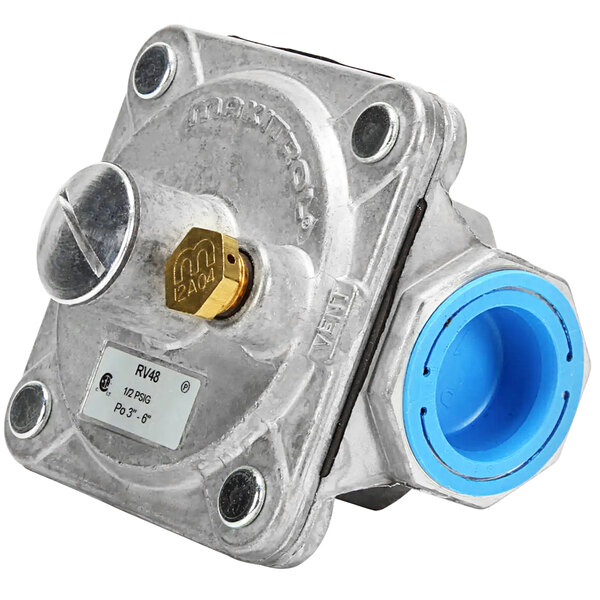 A Bakers Pride pressure regulator with a blue and silver cap.