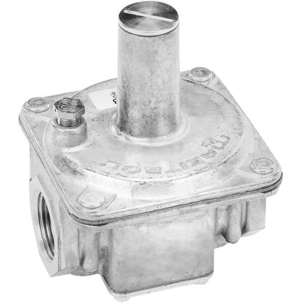 A Bakers Pride pressure regulator with a screw on a pipe.