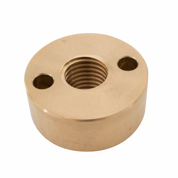 A bronze circular metal nut with a threaded hole.