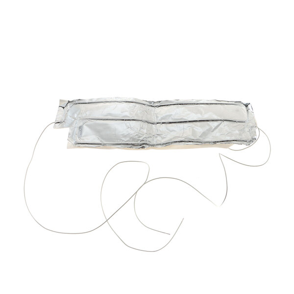 A silver bag with a foil inside and a string attached to it.