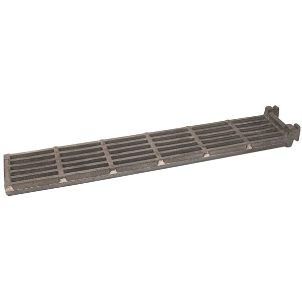 A Bakers Pride cast iron rectangular grate with holes.