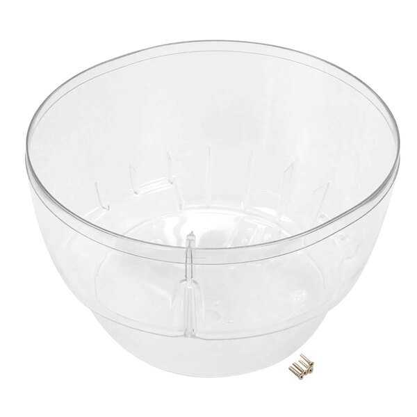A clear plastic bowl with screws.