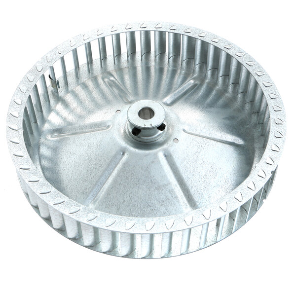 A metal Alto-Shaam blower wheel with a hole in the center.