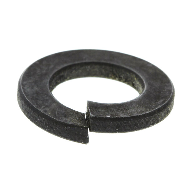 A close-up of a black Hobart lock washer with a hole in it.