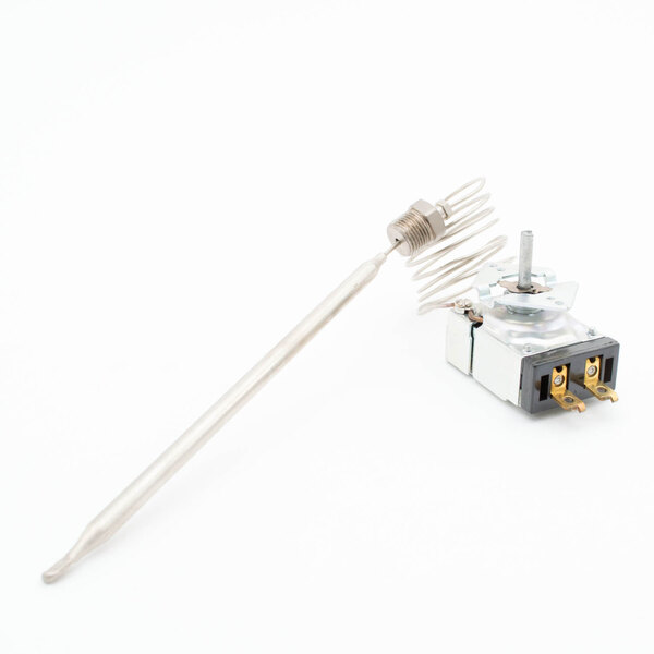A Wells WS-50316 thermostat, a small metal device with a metal probe and wires.