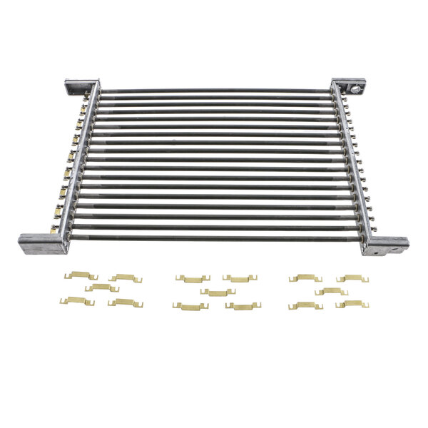 A metal grill rack with metal rods and a metal frame.