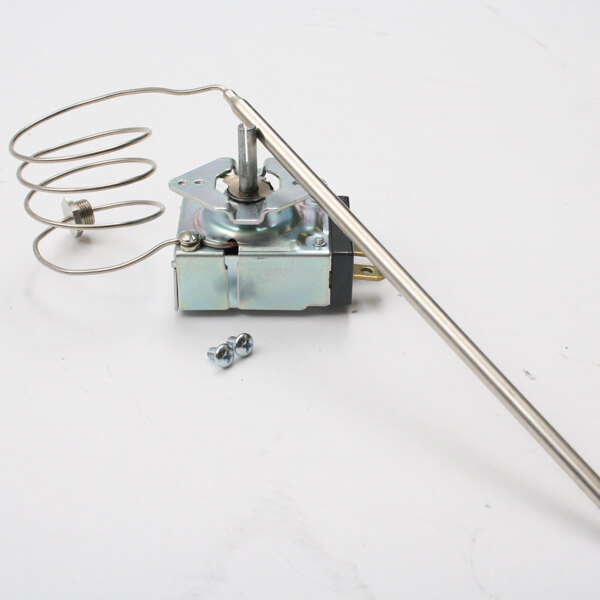 A small metal thermostat with a metal rod.
