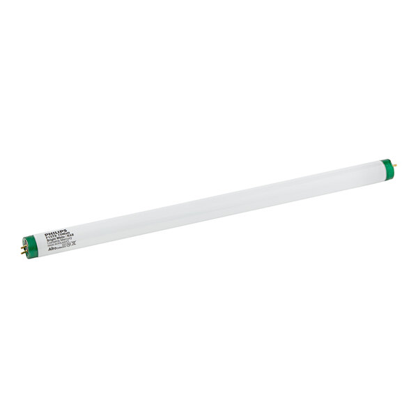 A white fluorescent tube with a green top and black handle.
