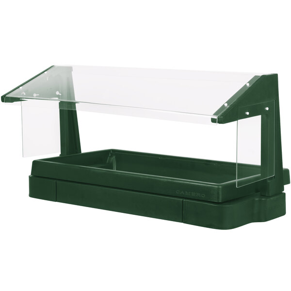 A green plastic buffet / salad bar with a clear cover.