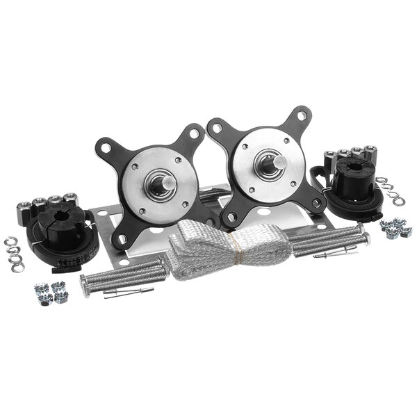 A set of metal parts including two bearings and nuts.