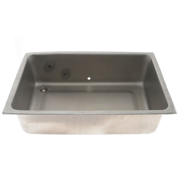 A stainless steel APW Wyott Ez-Fill well pan with holes in it.