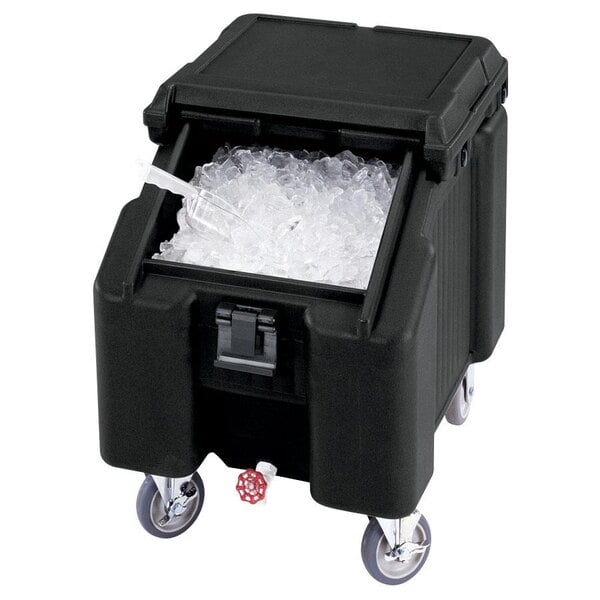 A black Cambro mobile ice bin with a sliding lid and ice inside.