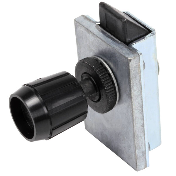 A metal and black Bakers Pride latch with a black knob.