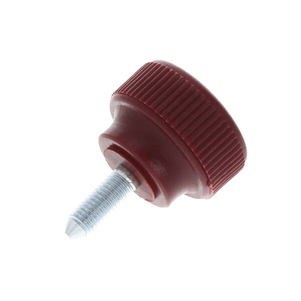 A red plastic screw knob with a screw on it.