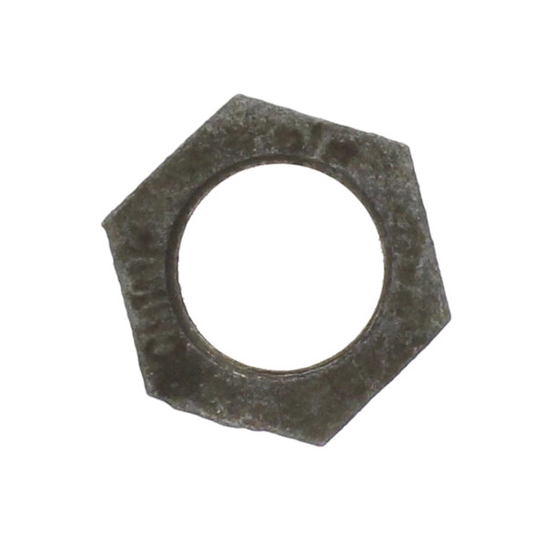 A close-up of a Cleveland Galvanized Locknut with a hole in it.