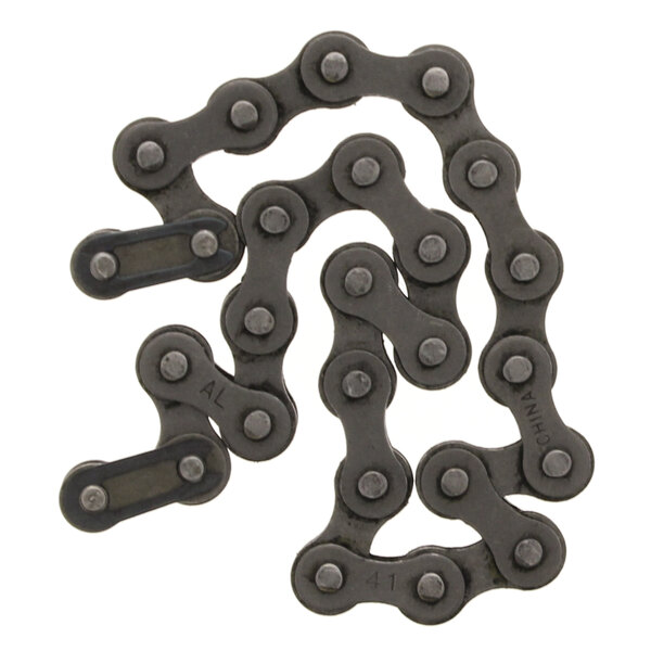 A black chain with two black gears on it.