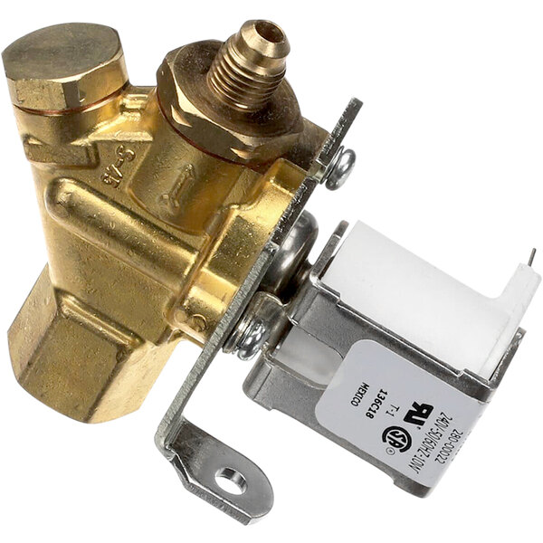 A Grindmaster-Cecilware solenoid valve for gas with brass fittings.