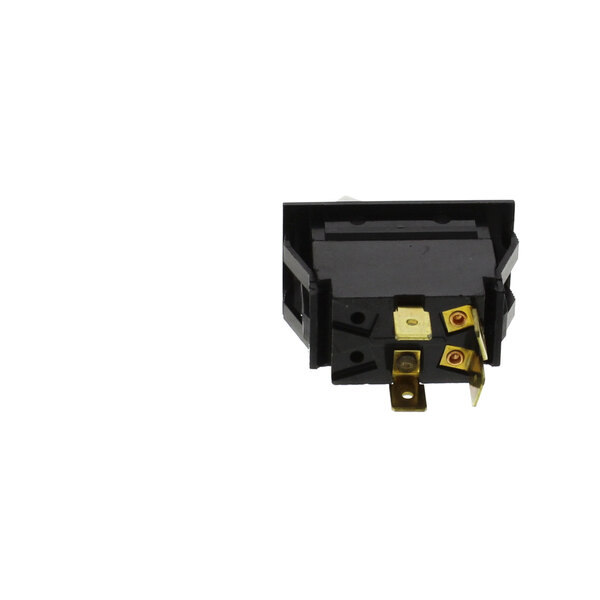 A black rectangular Vulcan switch with two gold metal pins.