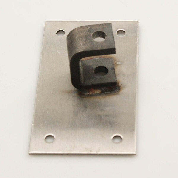 A metal plate with a hole in it, and a metal corner piece with holes.