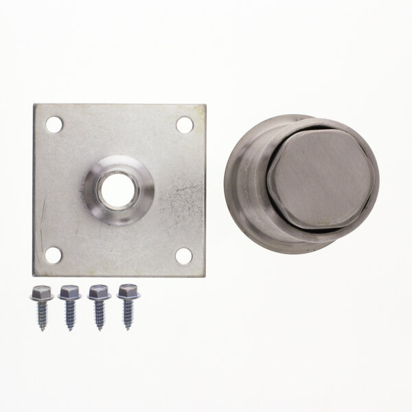 A metal object with screws and bolts, including a stainless steel door knob.