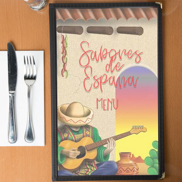 A white menu with a Southwest themed Mariachi design of a man playing a guitar.