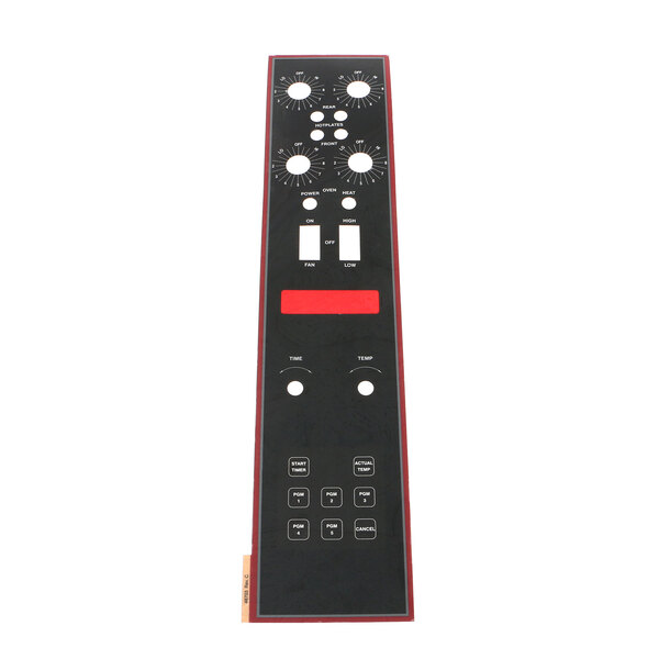 A black rectangular decal with a red border and red buttons.
