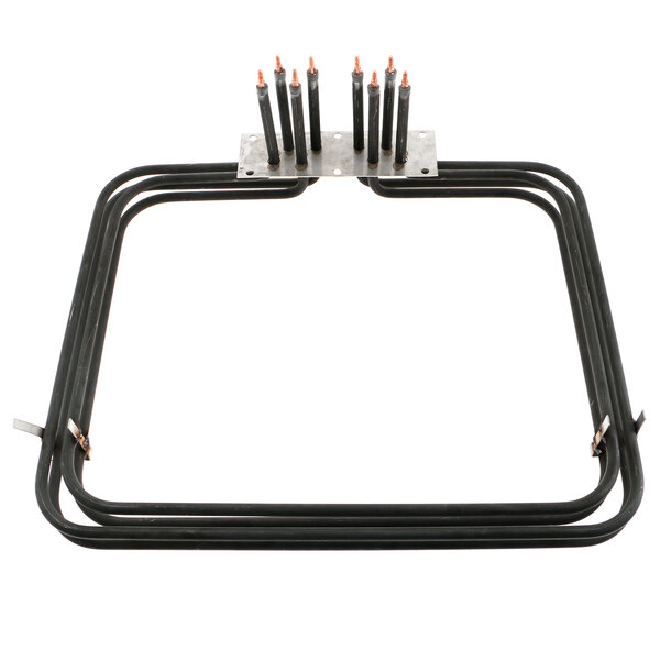 A black metal oven rack with four wires.