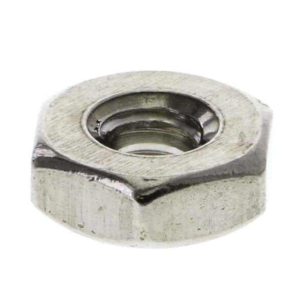 A close up of a Hobart hex nut with a metal finish.