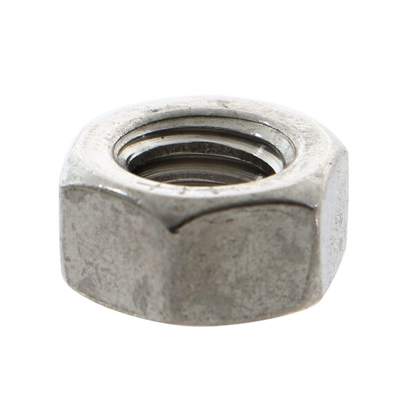 A close up of a Hobart 5/16-18 hex nut with a silver finish.