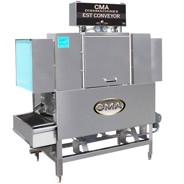 A CMA Dishmachines conveyor dishwasher with a metal door.